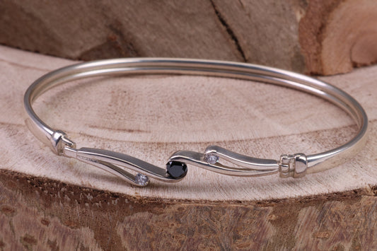 Oval C Z Set Hinged Solid Silver Bangle