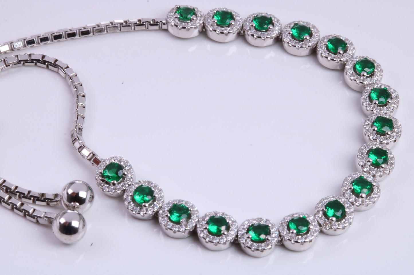 Emerald Cubic Zirconia set Bracelet, made from solid Sterling Silver, Length Adjustable