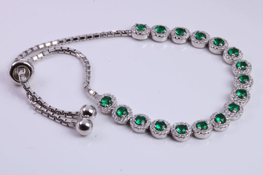 Emerald Cubic Zirconia set Bracelet, made from solid Sterling Silver, Length Adjustable