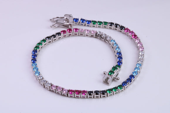 Multi Coloured Cubic Zirconia set Tennis Bracelet, made from solid Sterling Silver