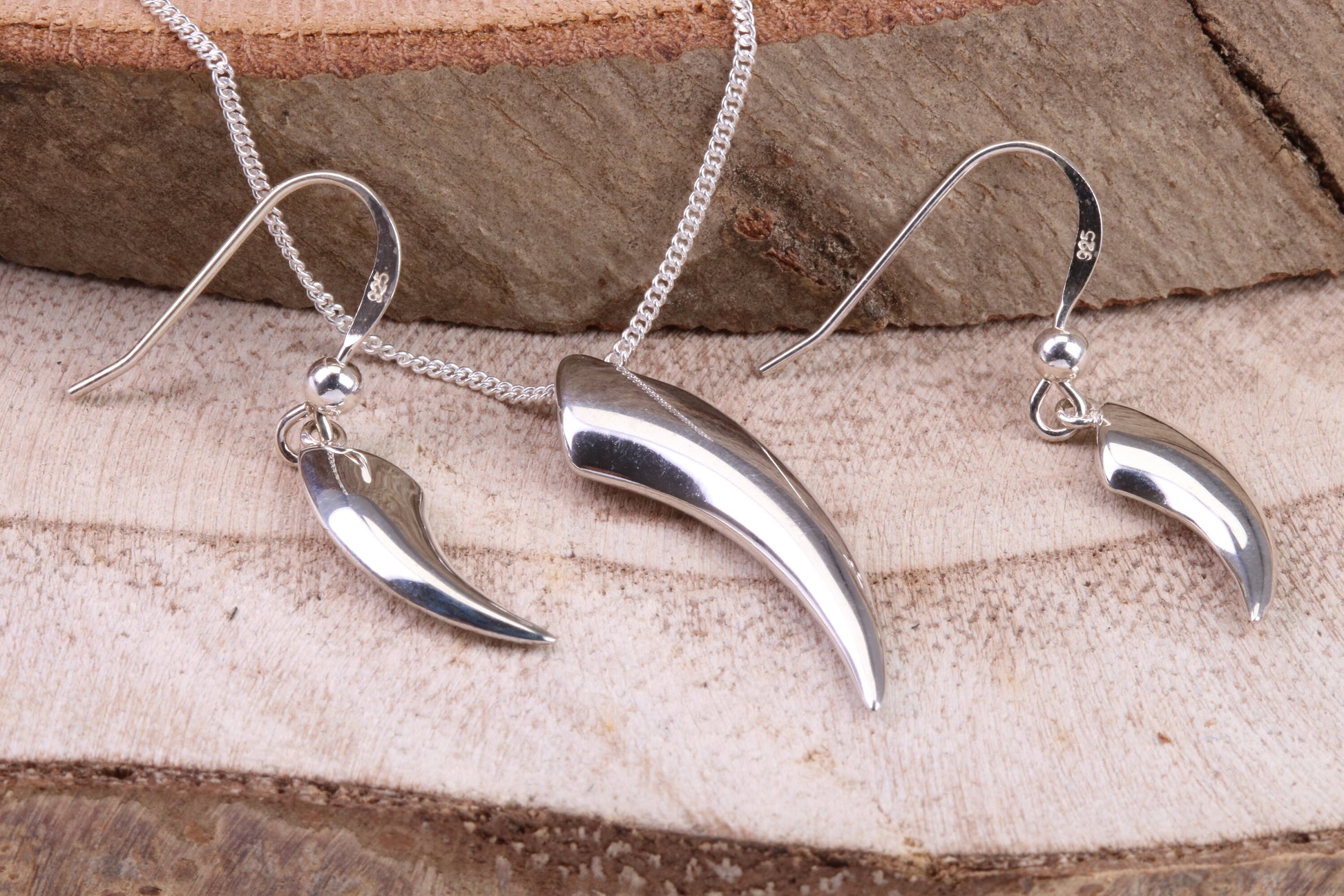 Tooth Necklace and Earrings, made from solid Sterling Silver