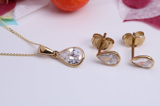 Teardrop C Z set Necklace and Matching Stud Earrings, made from solid 9ct Yellow Gold