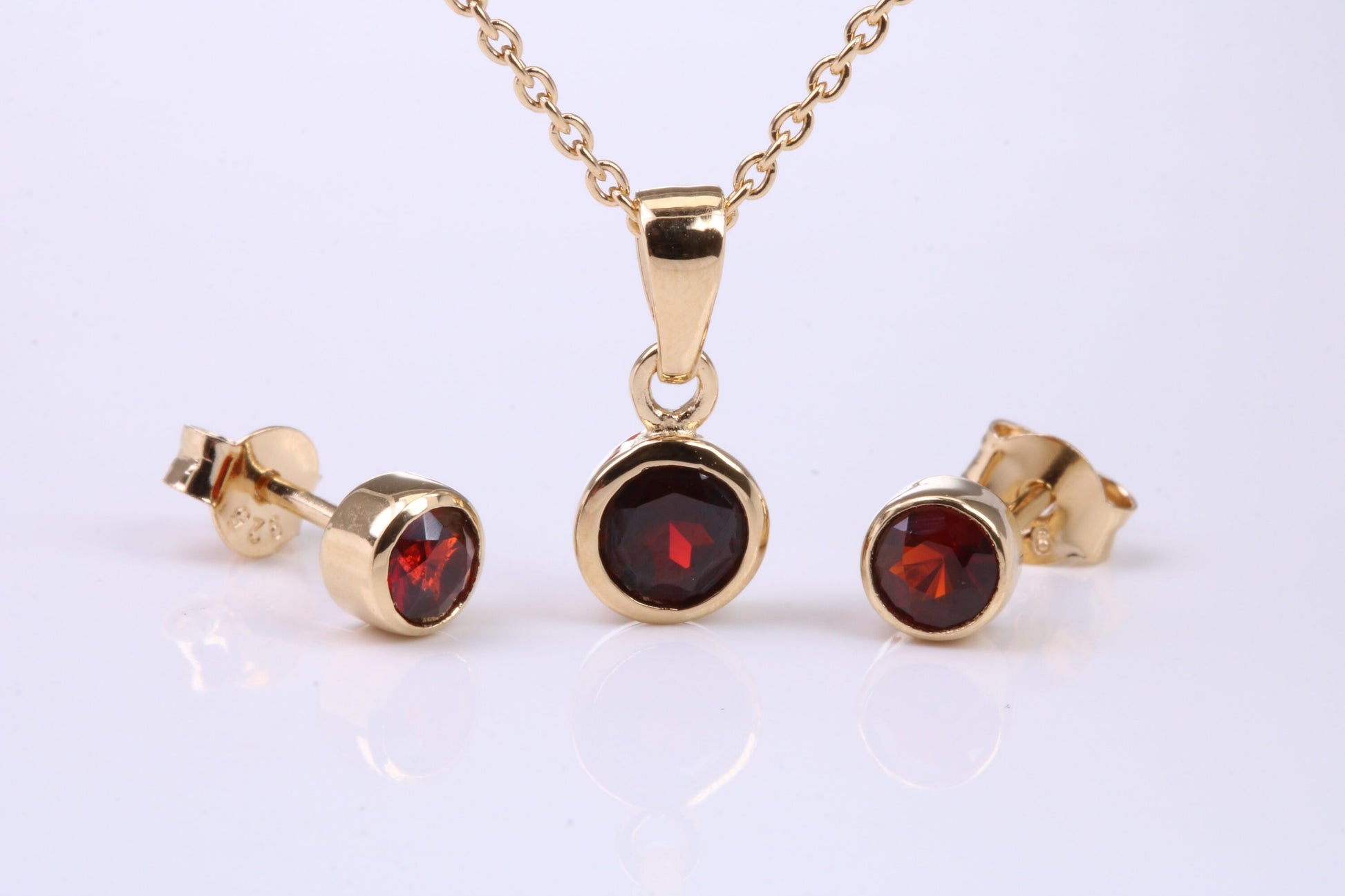 January Garnet C Z set Necklace and Matching Stud Earrings, made from solid Sterling Silver and 18ct Yellow Gold Plated