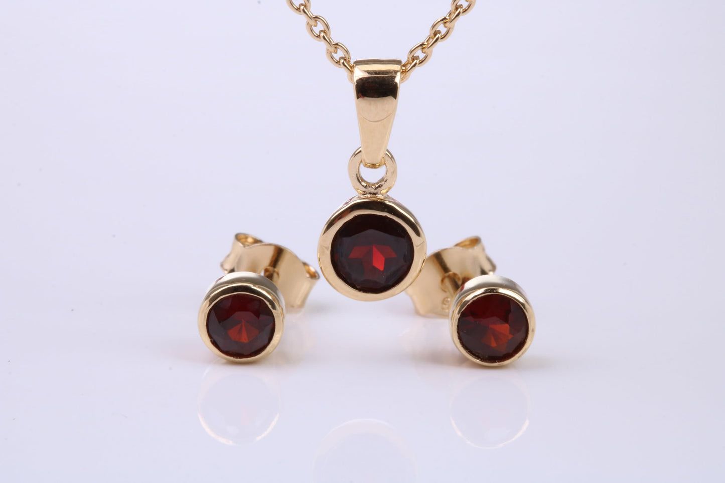 January Garnet C Z set Necklace and Matching Stud Earrings, made from solid Sterling Silver and 18ct Yellow Gold Plated