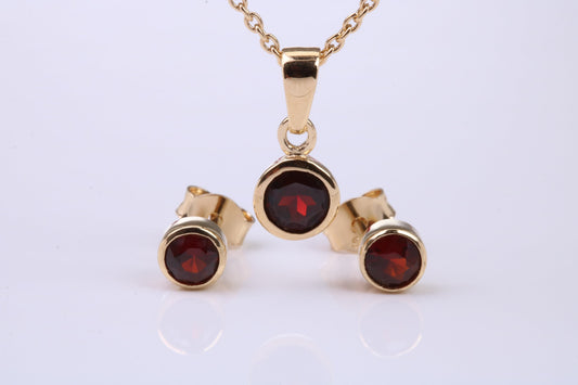 January Garnet C Z set Necklace and Matching Stud Earrings, made from solid Sterling Silver and 18ct Yellow Gold Plated