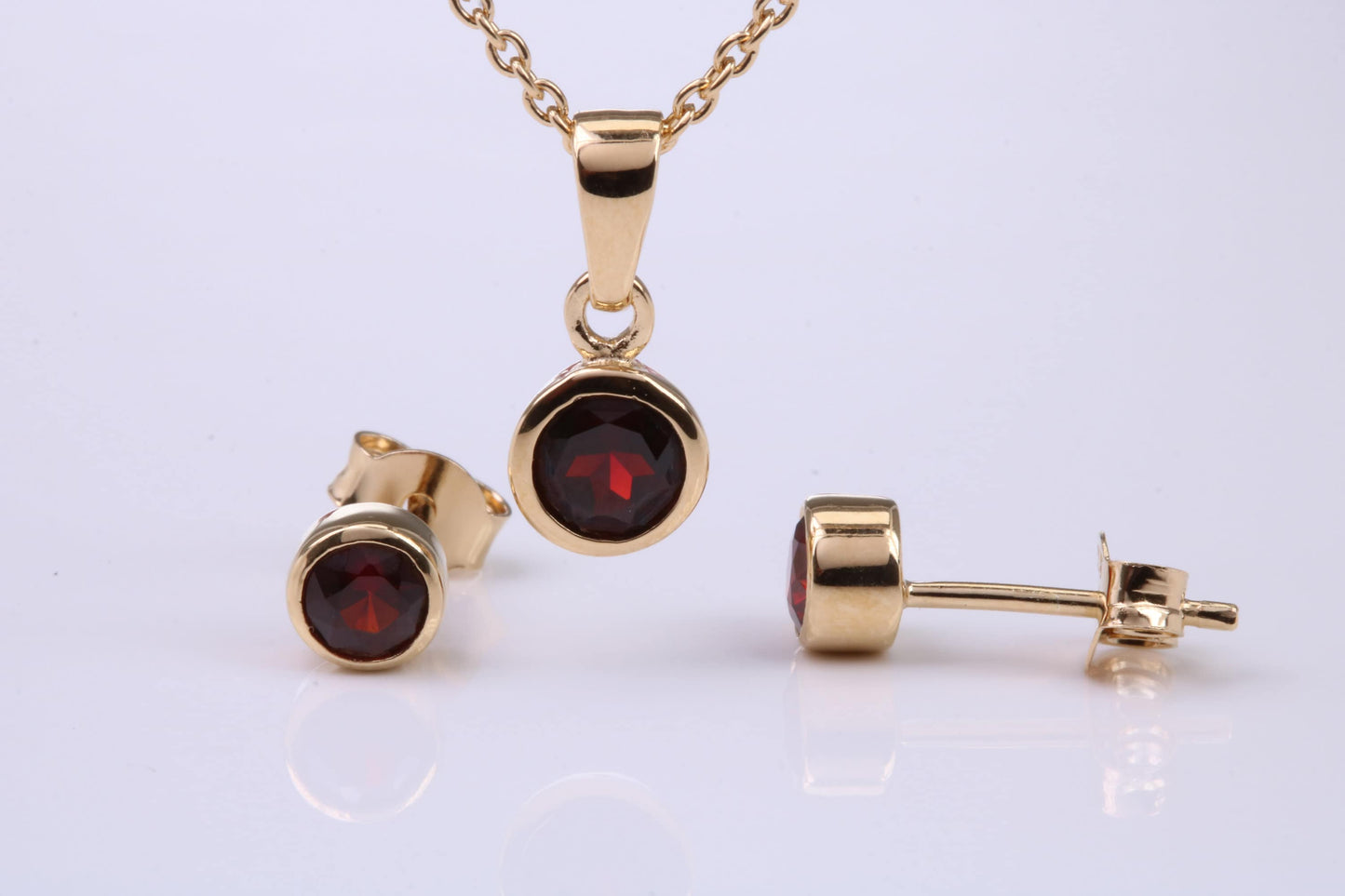 January Garnet C Z set Necklace and Matching Stud Earrings, made from solid Sterling Silver and 18ct Yellow Gold Plated