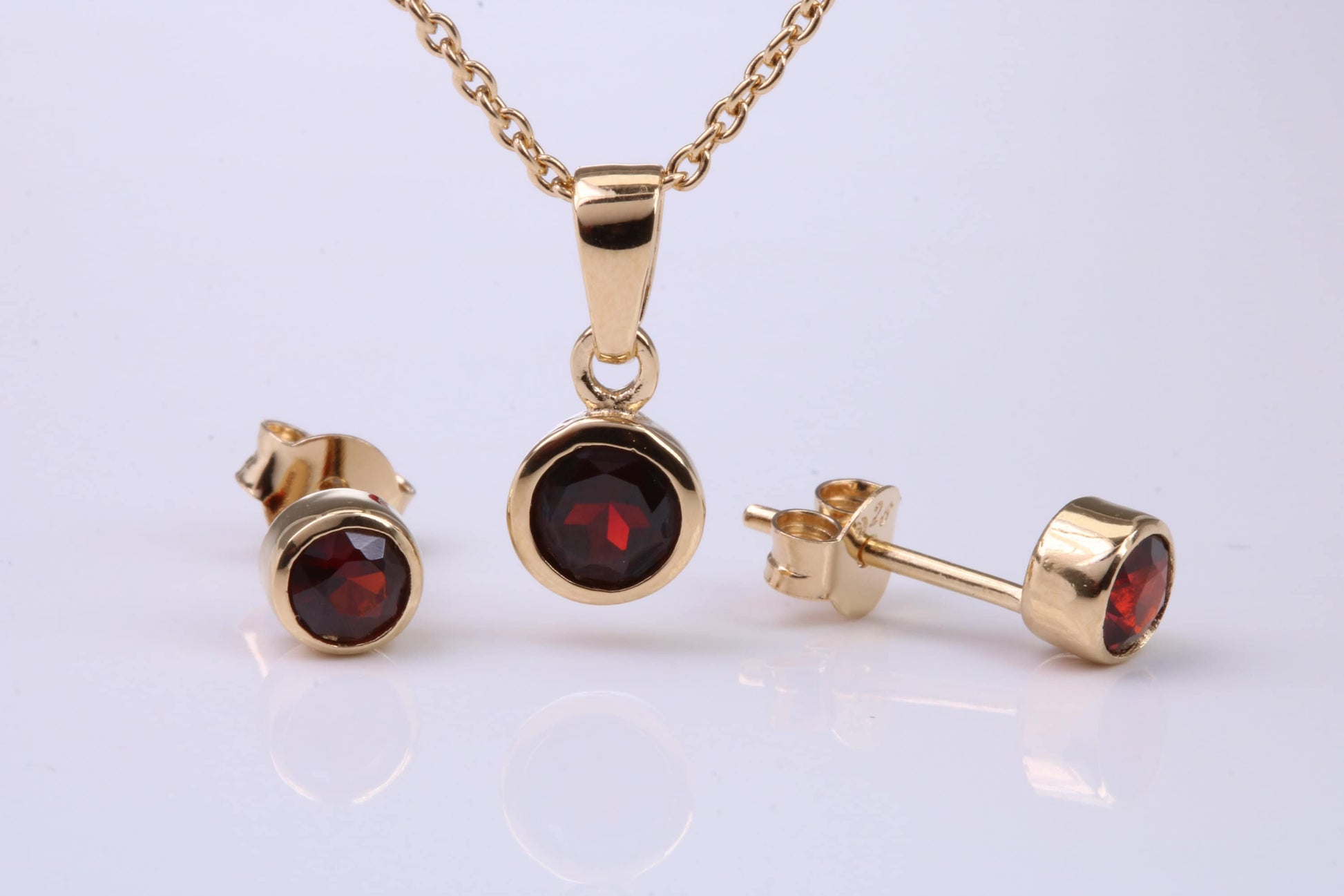 January Garnet C Z set Necklace and Matching Stud Earrings, made from solid Sterling Silver and 18ct Yellow Gold Plated