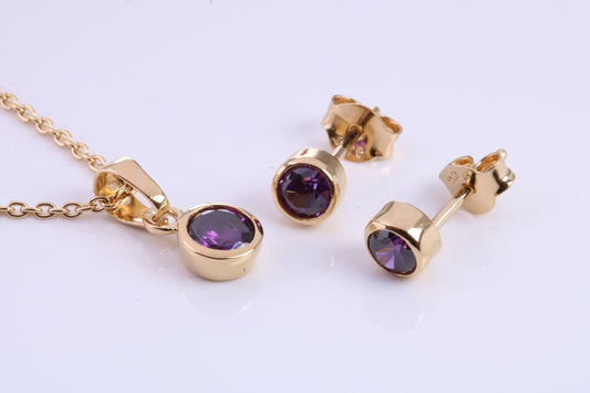 February Amethyst C Z set Necklace and Matching Stud Earrings, made from solid Sterling Silver and 18ct Yellow Gold Plated
