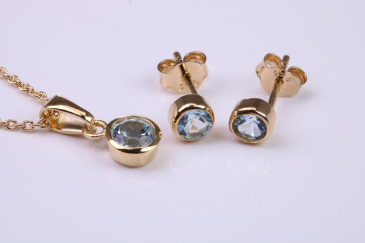 March Aquamarine C Z set Necklace and Matching Stud Earrings, made from solid Sterling Silver and 18ct Yellow Gold Plated