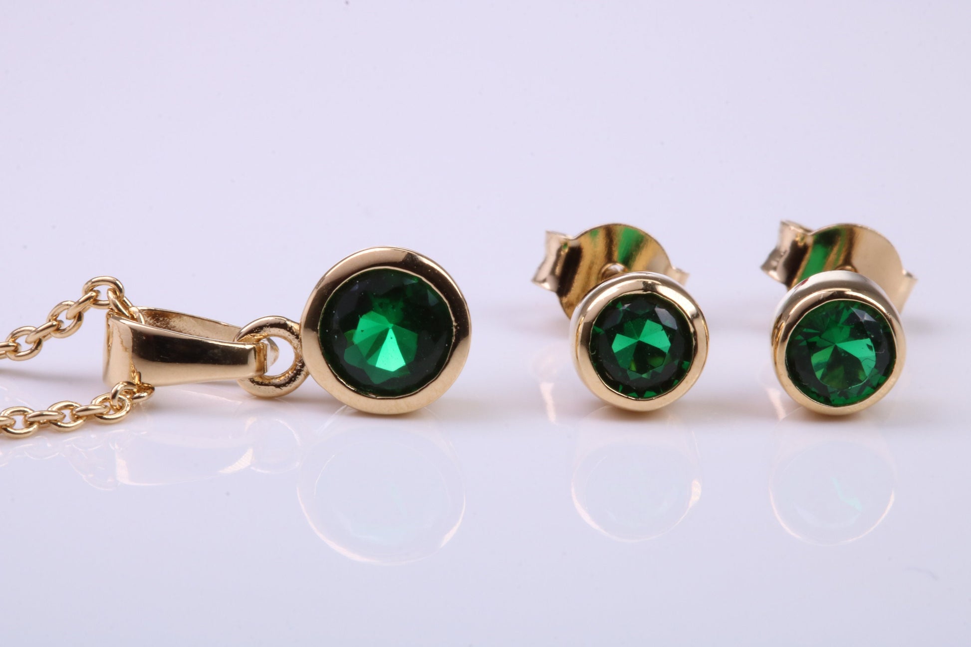 May Emerald C Z set Necklace and Matching Stud Earrings, made from solid Sterling Silver and 18ct Yellow Gold Plated