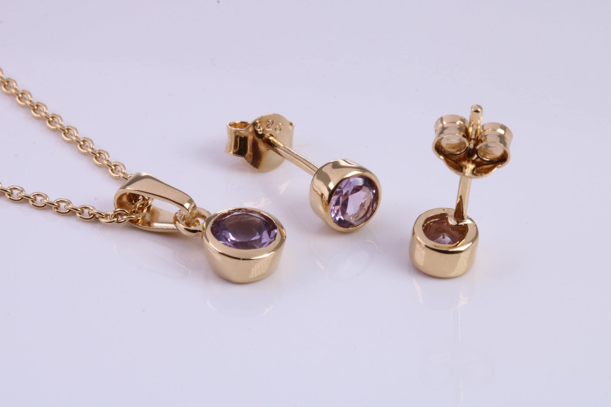 June Light Amethyst C Z set Necklace and Matching Stud Earrings, made from solid Sterling Silver and 18ct Yellow Gold Plated