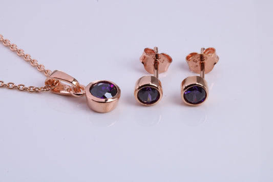 February Amethyst C Z set Necklace and Matching Stud Earrings, made from solid Sterling Silver and 18ct Rose Gold Plated