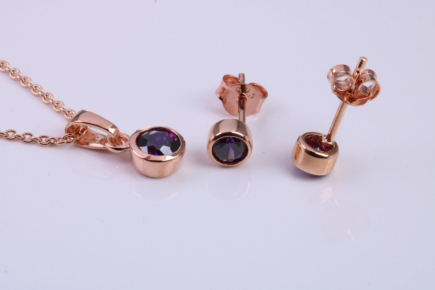 February Amethyst C Z set Necklace and Matching Stud Earrings, made from solid Sterling Silver and 18ct Rose Gold Plated