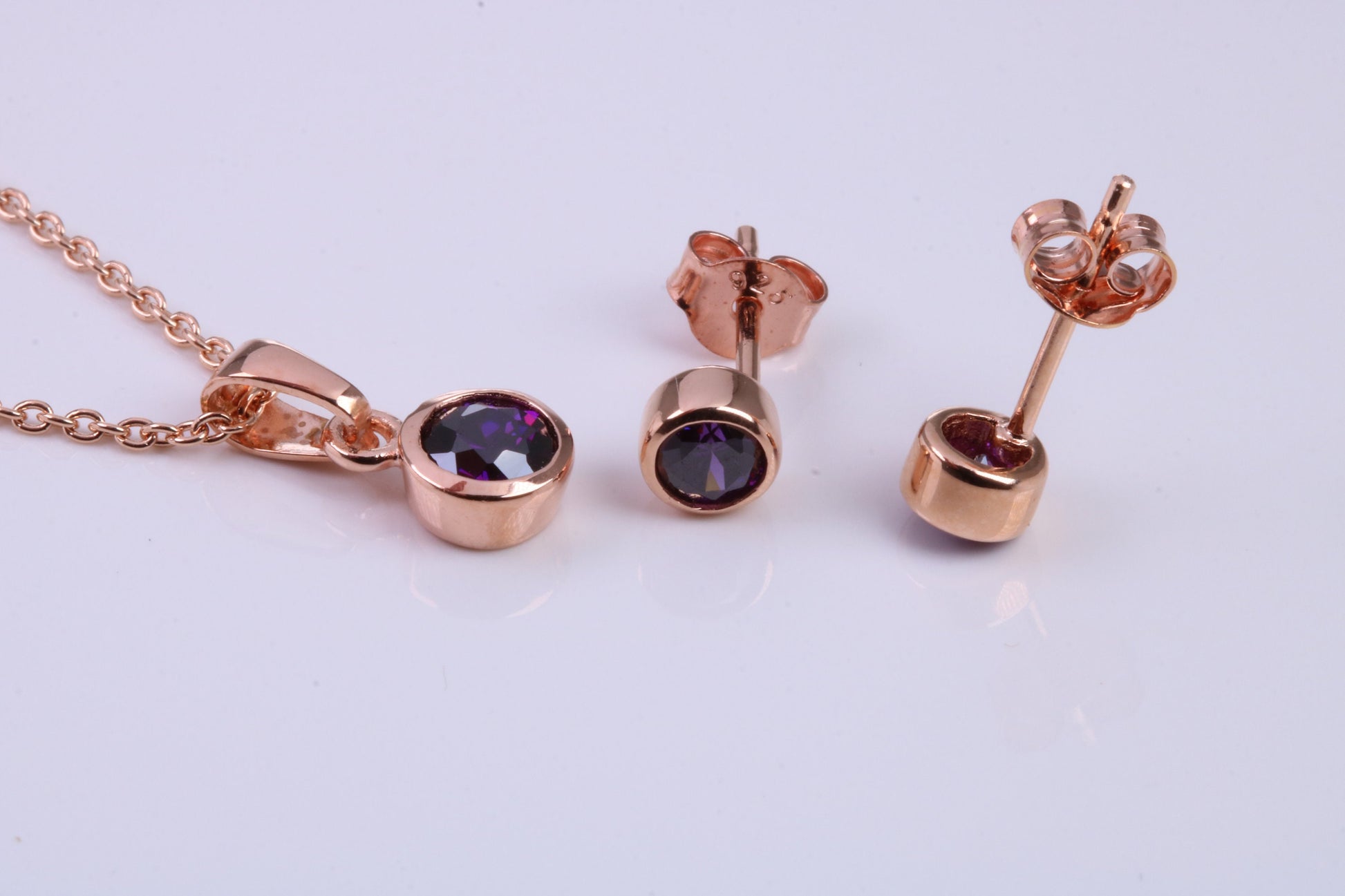 February Amethyst C Z set Necklace and Matching Stud Earrings, made from solid Sterling Silver and 18ct Rose Gold Plated