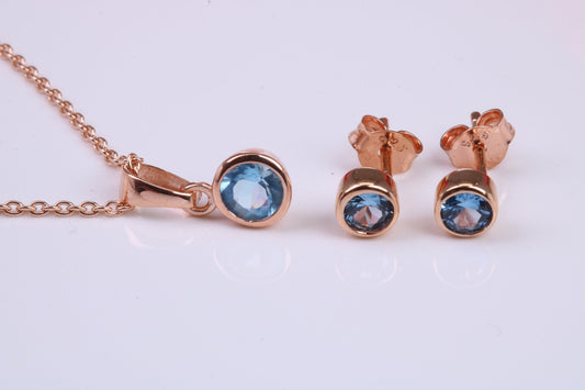 Real Blue Topaz Necklace and Matching Stud Earrings, made from solid Sterling Silver and 18ct Rose Gold Plated