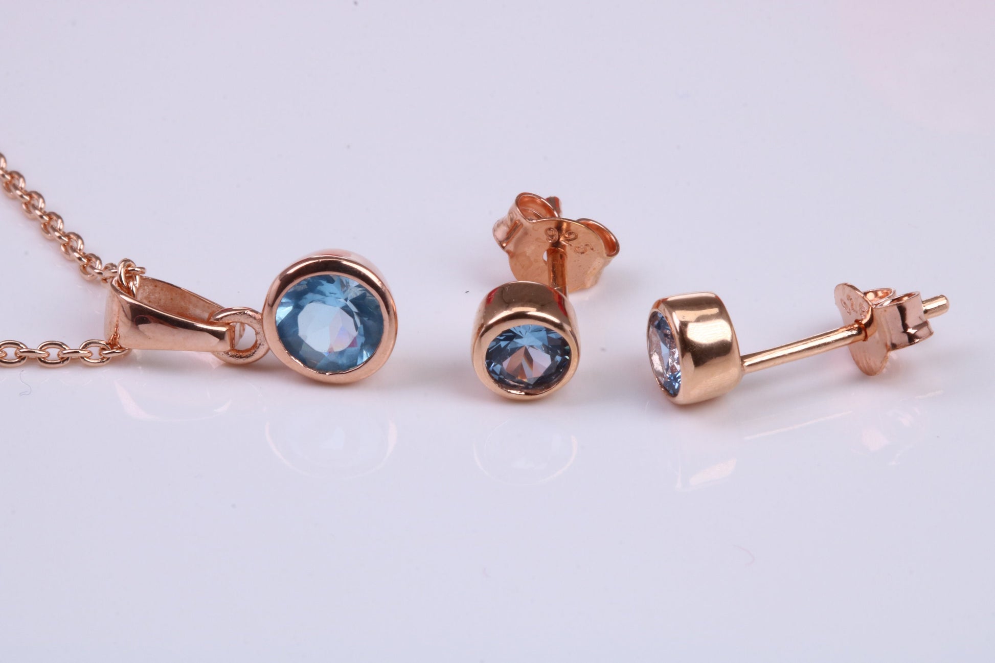 Real Blue Topaz Necklace and Matching Stud Earrings, made from solid Sterling Silver and 18ct Rose Gold Plated