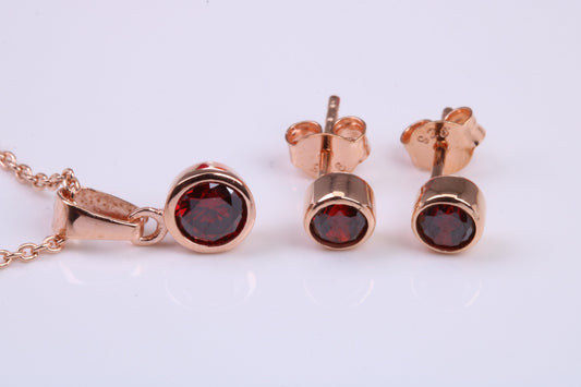 Real Garnet set Necklace and Matching Stud Earrings, made from solid Sterling Silver and 18ct Rose Gold Plated