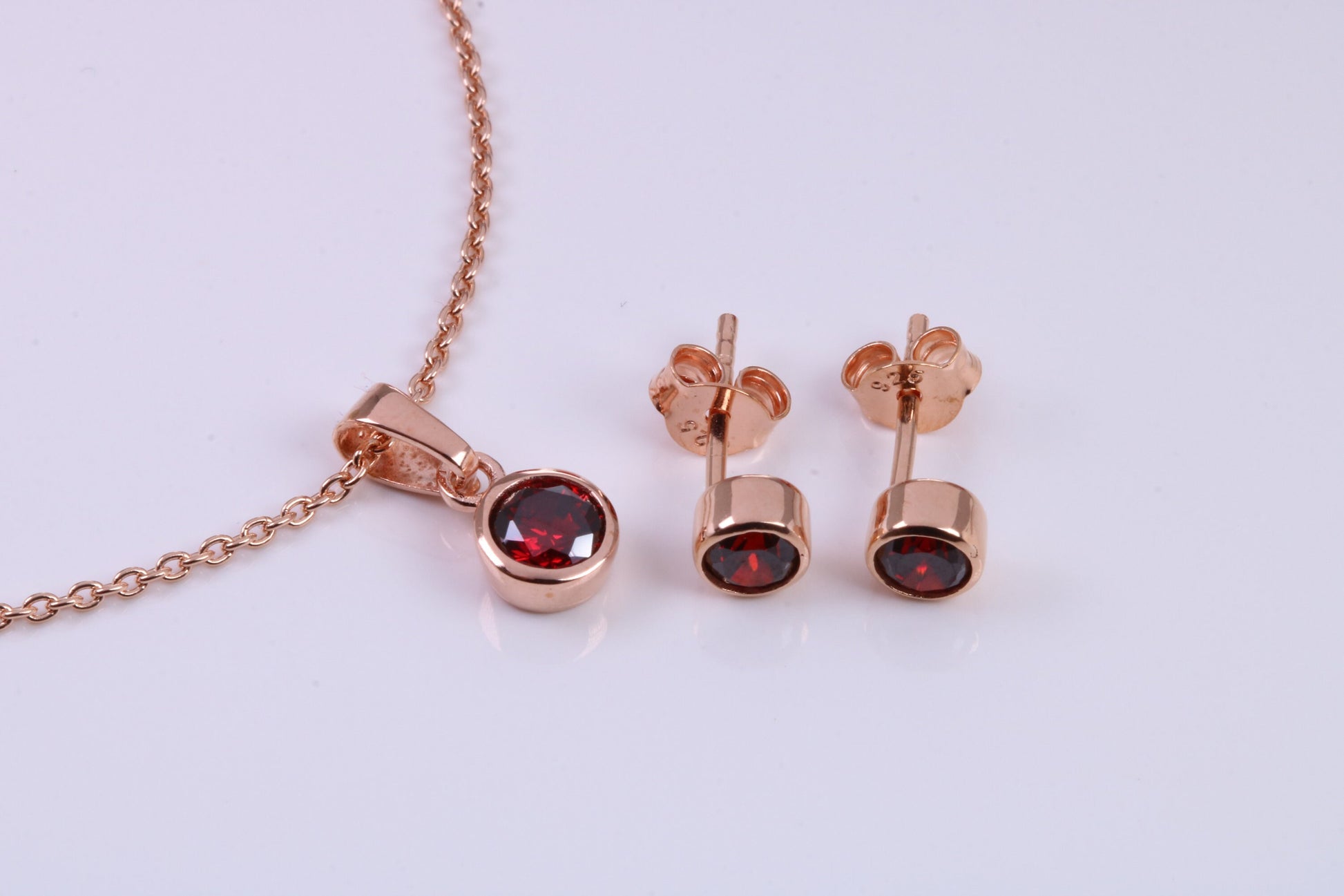 Real Garnet set Necklace and Matching Stud Earrings, made from solid Sterling Silver and 18ct Rose Gold Plated