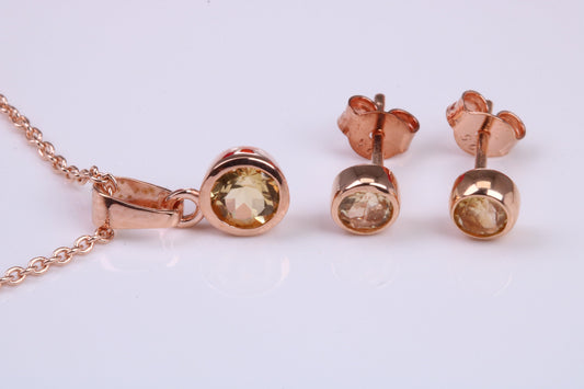 Real Citrine set Necklace and Matching Stud Earrings, made from solid Sterling Silver and 18ct Rose Gold Plated