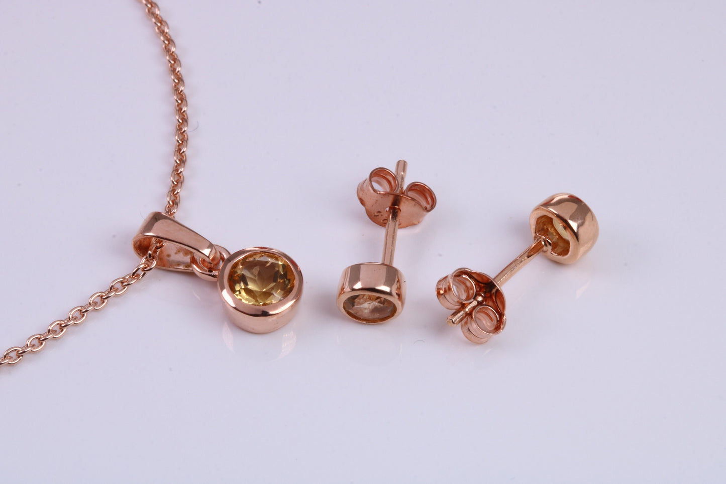 Real Citrine set Necklace and Matching Stud Earrings, made from solid Sterling Silver and 18ct Rose Gold Plated