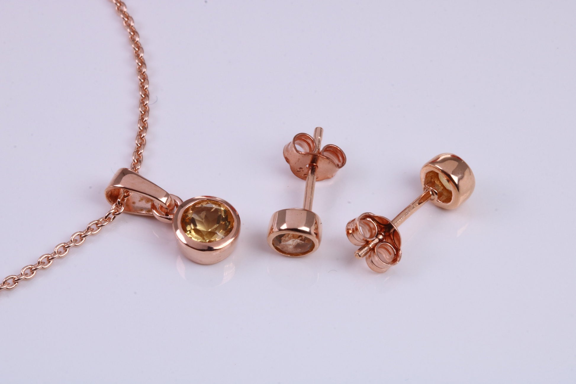 Real Citrine set Necklace and Matching Stud Earrings, made from solid Sterling Silver and 18ct Rose Gold Plated
