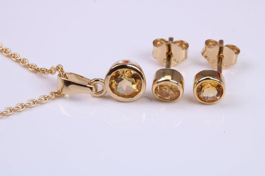 Real Citrine set Necklace and Matching Stud Earrings, made from solid Sterling Silver and 18ct Yellow Gold Plated