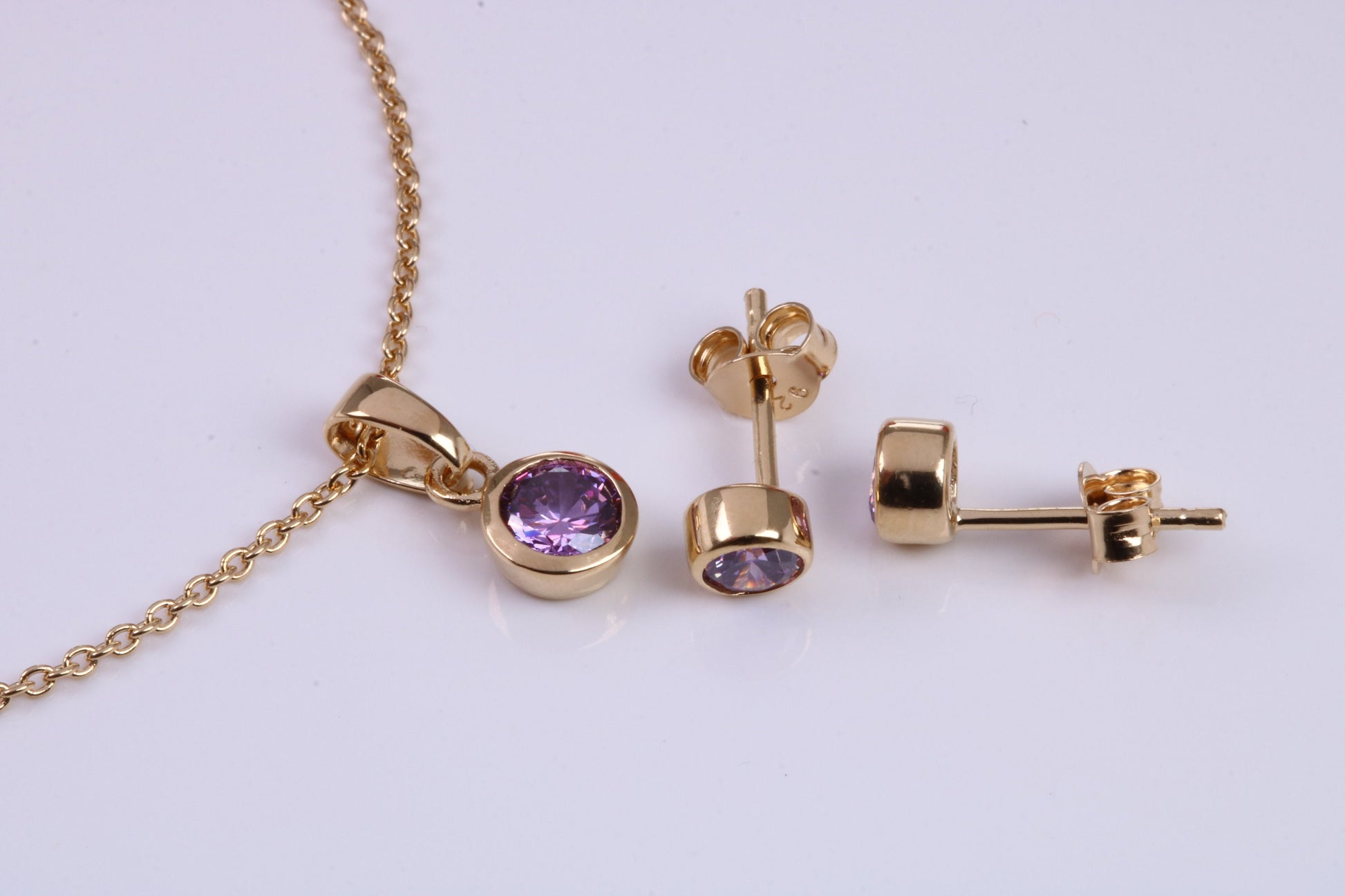 Real Amethyst set Necklace and Matching Stud Earrings, made from solid Sterling Silver and 18ct Yellow Gold Plated