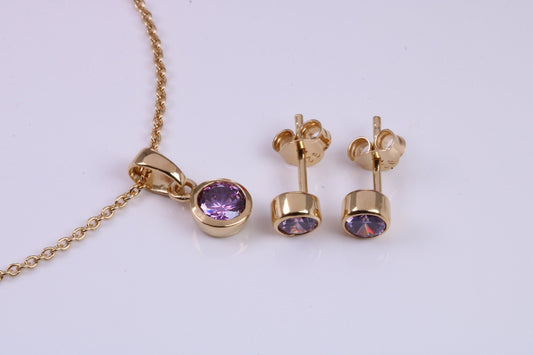 Real Amethyst set Necklace and Matching Stud Earrings, made from solid Sterling Silver and 18ct Yellow Gold Plated