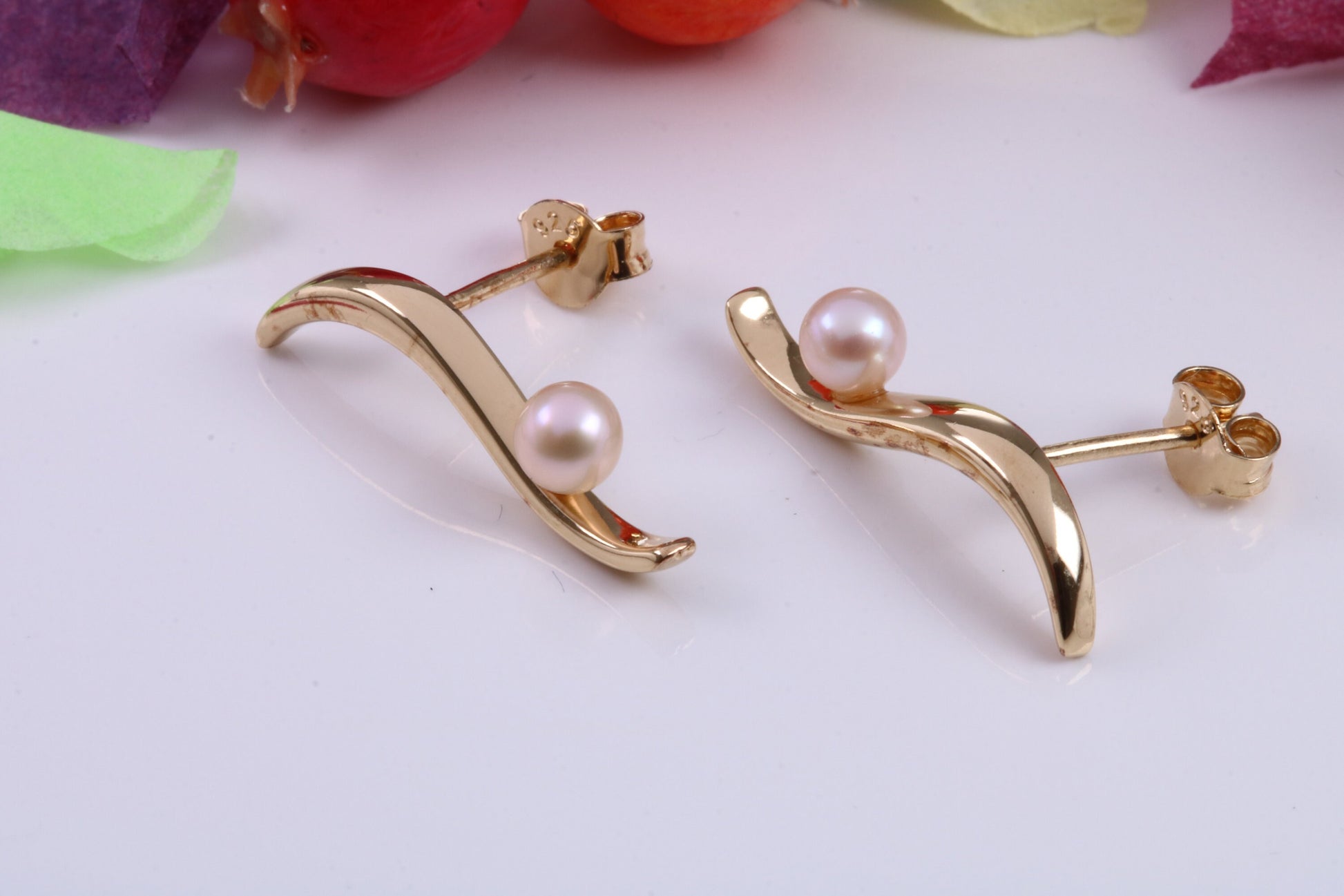 23 mm Long Pearl set Earrings, Made from Solid 925 Grade Sterling Silver and 18ct Yellow Gold Plated