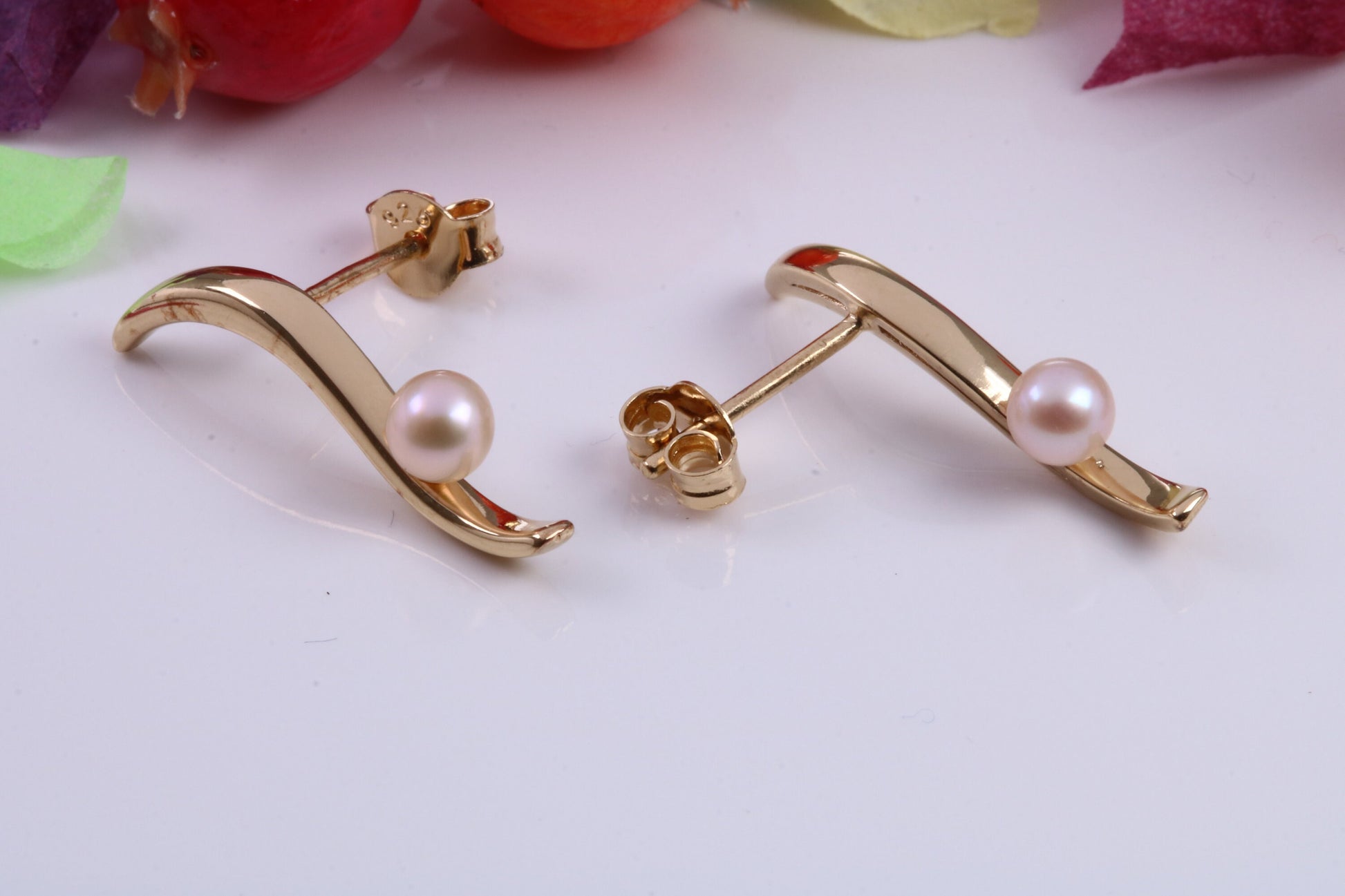 23 mm Long Pearl set Earrings, Made from Solid 925 Grade Sterling Silver and 18ct Yellow Gold Plated