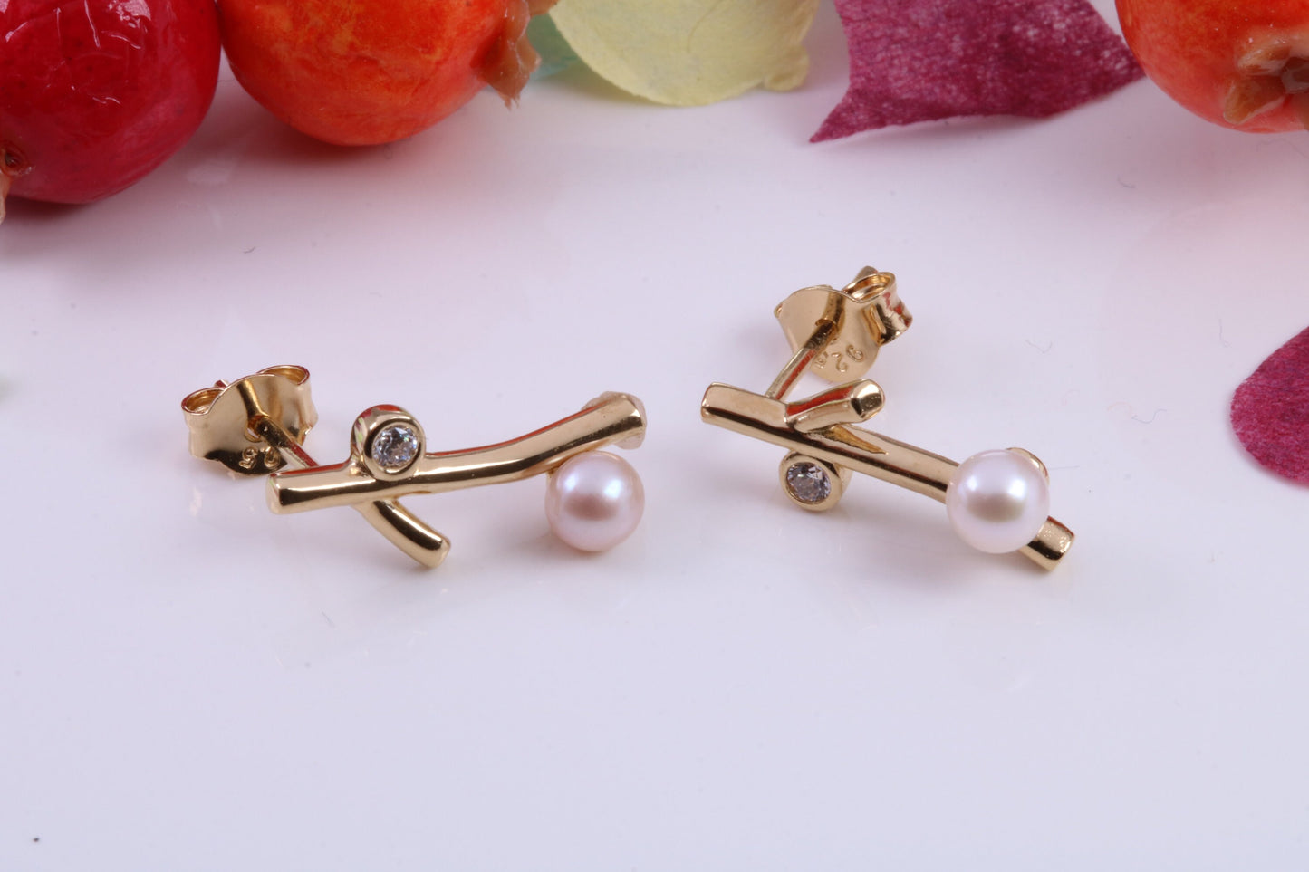 16 mm Long Pearl and Cubic Zirconia set Earrings, Made from Solid 925 Grade Sterling Silver and 18ct Yellow Gold Plated