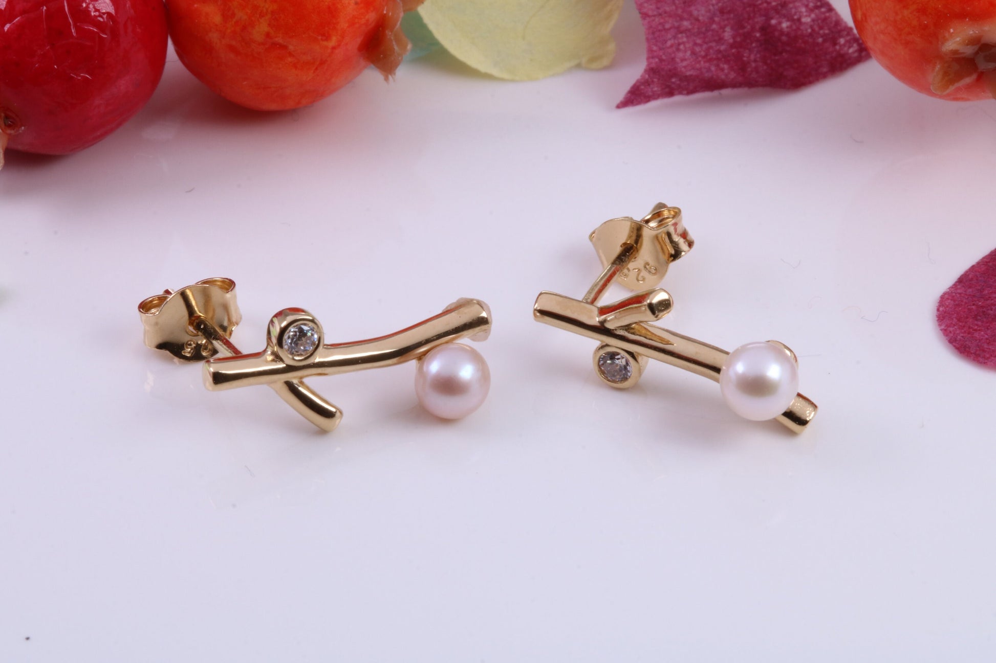 16 mm Long Pearl and Cubic Zirconia set Earrings, Made from Solid 925 Grade Sterling Silver and 18ct Yellow Gold Plated
