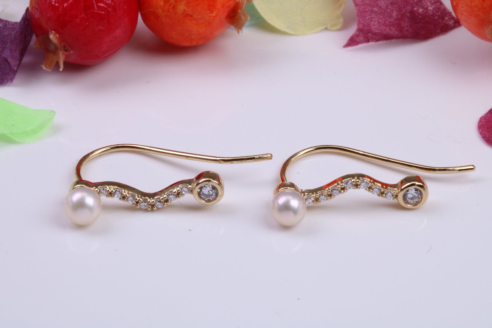 19 mm Long Pearl and Cubic Zirconia set Earrings, Made from Solid 925 Grade Sterling Silver and 18ct Yellow Gold Plated