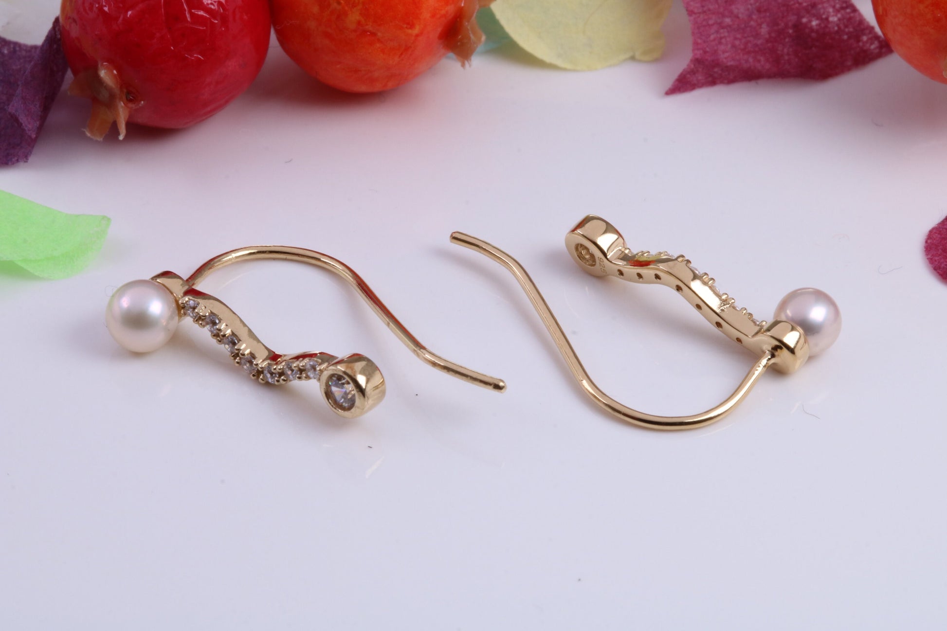 19 mm Long Pearl and Cubic Zirconia set Earrings, Made from Solid 925 Grade Sterling Silver and 18ct Yellow Gold Plated