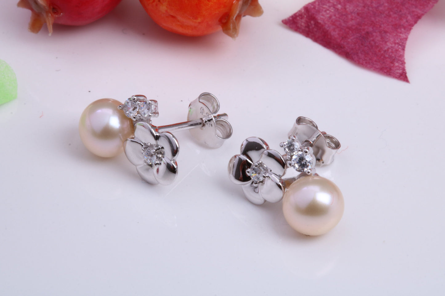 Rose Flower Pearl and Cubic Zirconia set Stud Earrings, Very Dressy, Made from Solid 925 Grade Sterling Silver