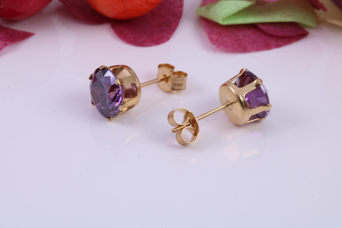 8 mm Round Amethyst Cubic Zirconia set Stud Earrings, Made from Solid 9ct Yellow Gold