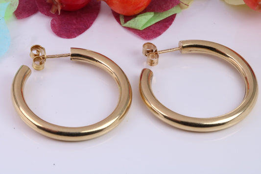 Large 30 mm Long Hoop Creole Earrings Made from Solid 9ct Yellow Gold, British Hallmarked