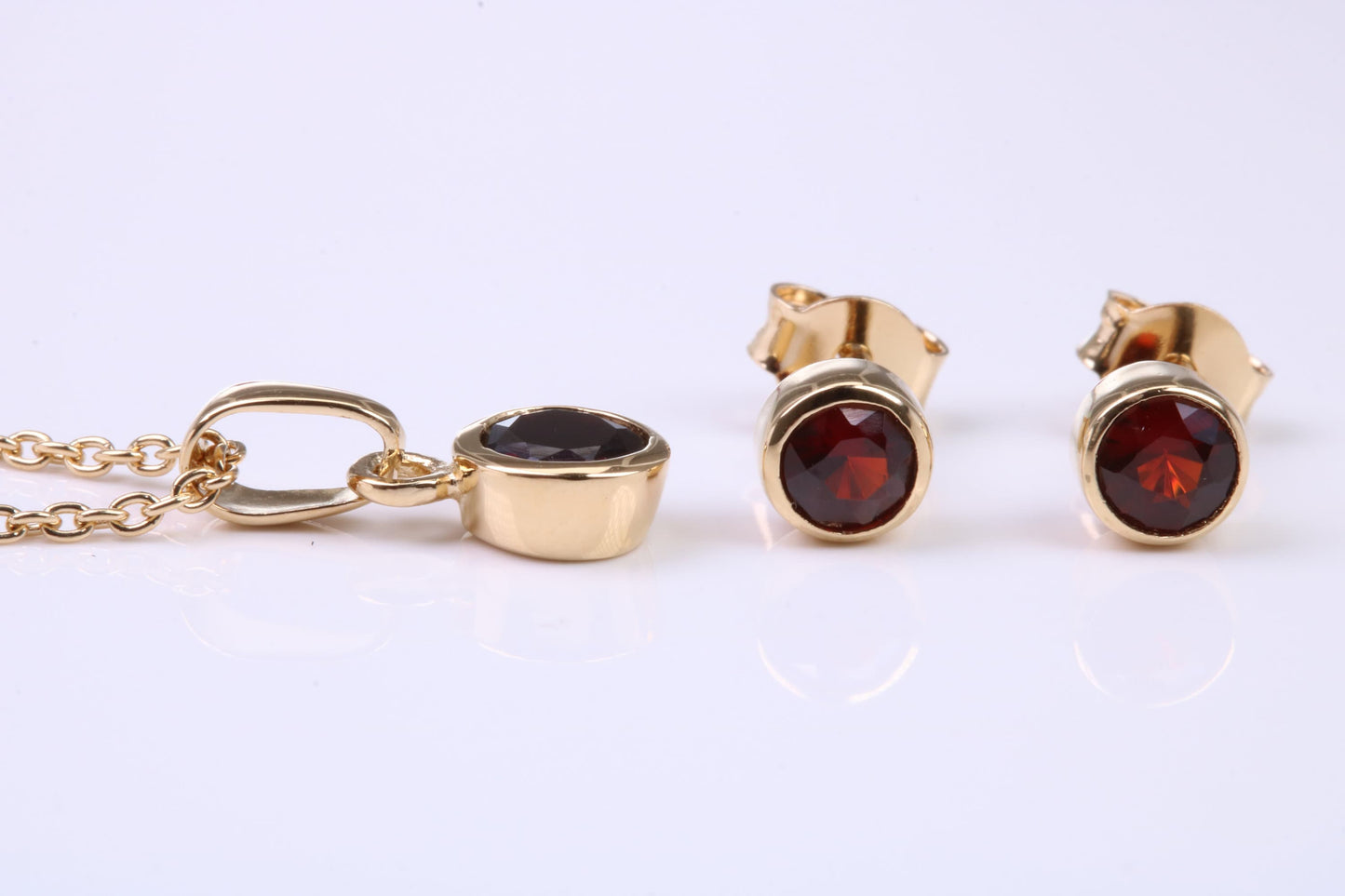 January Garnet C Z set Necklace and Matching Stud Earrings, made from solid Sterling Silver and 18ct Yellow Gold Plated