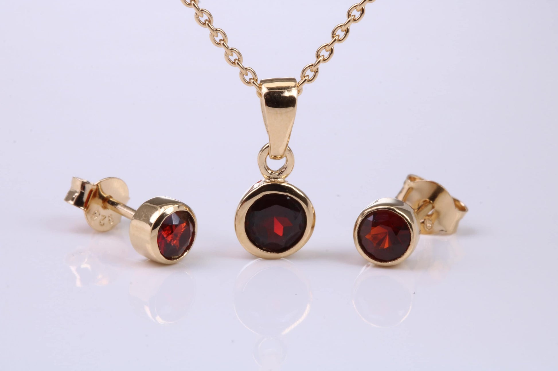 January Garnet C Z set Necklace and Matching Stud Earrings, made from solid Sterling Silver and 18ct Yellow Gold Plated