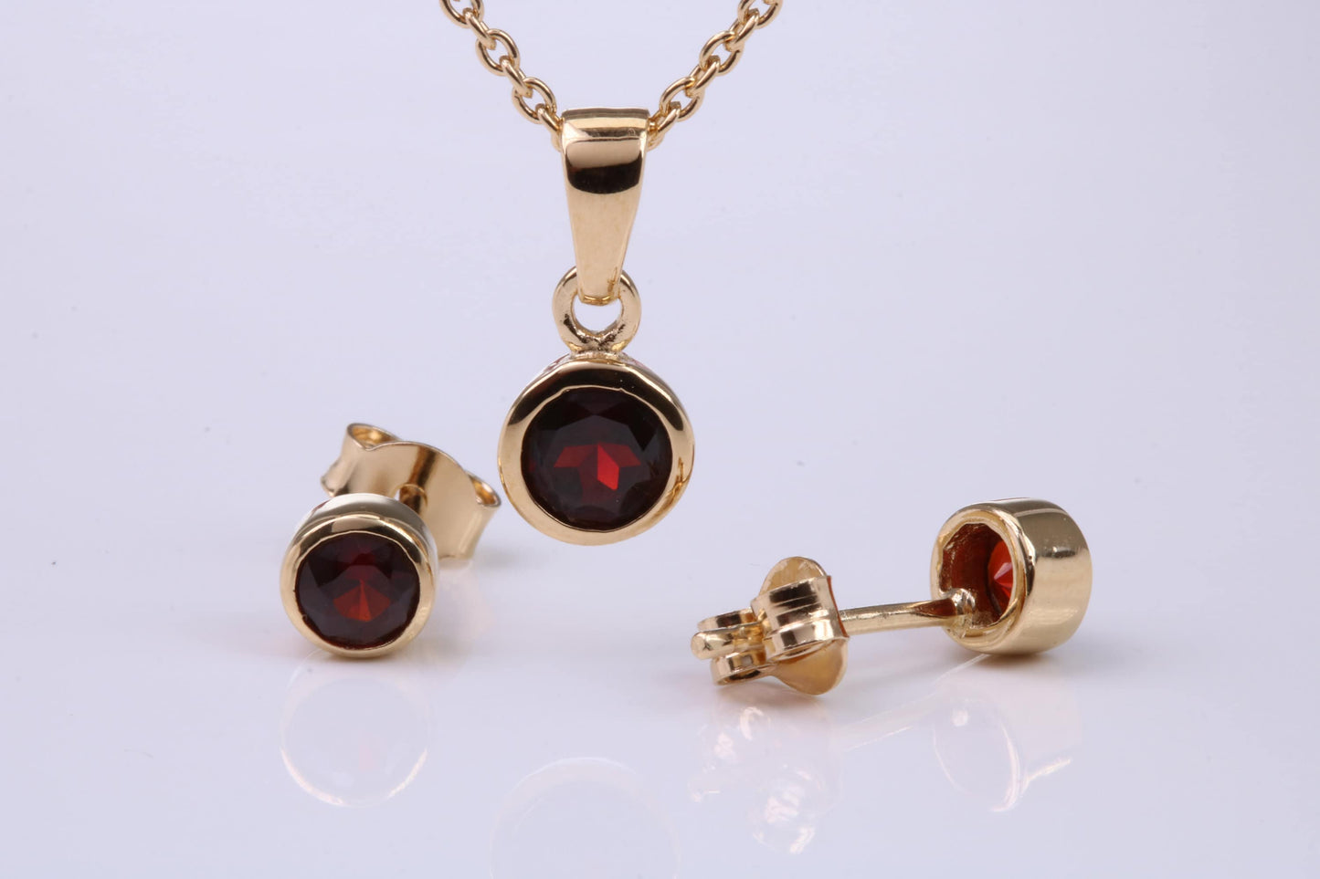 January Garnet C Z set Necklace and Matching Stud Earrings, made from solid Sterling Silver and 18ct Yellow Gold Plated