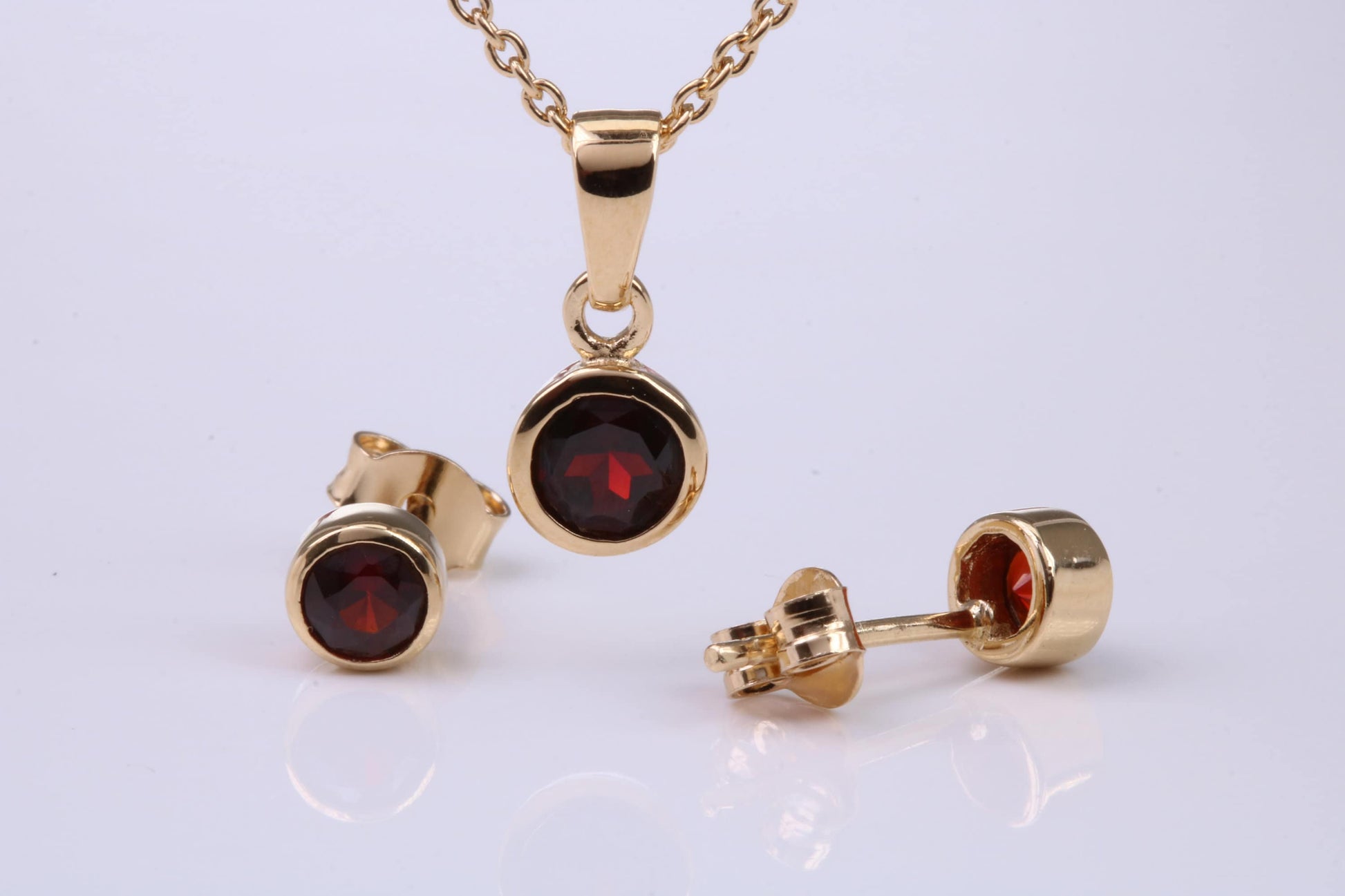 January Garnet C Z set Necklace and Matching Stud Earrings, made from solid Sterling Silver and 18ct Yellow Gold Plated