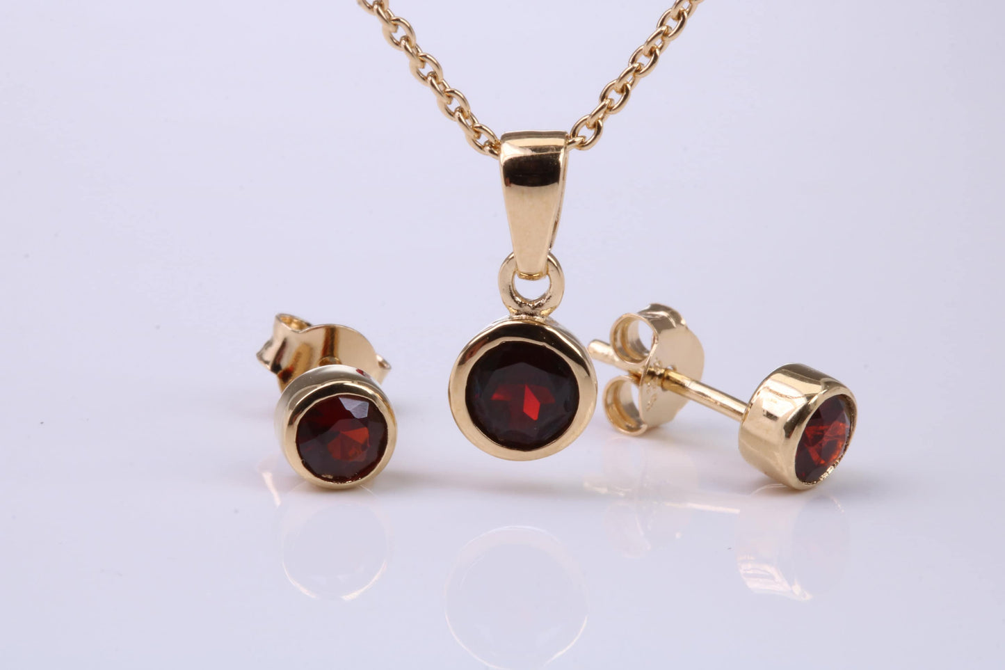 January Garnet C Z set Necklace and Matching Stud Earrings, made from solid Sterling Silver and 18ct Yellow Gold Plated