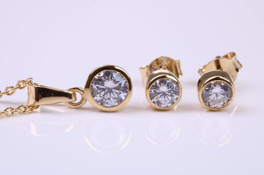 April Diamond C Z set Necklace and Matching Stud Earrings, made from solid Sterling Silver and 18ct Yellow Gold Plated