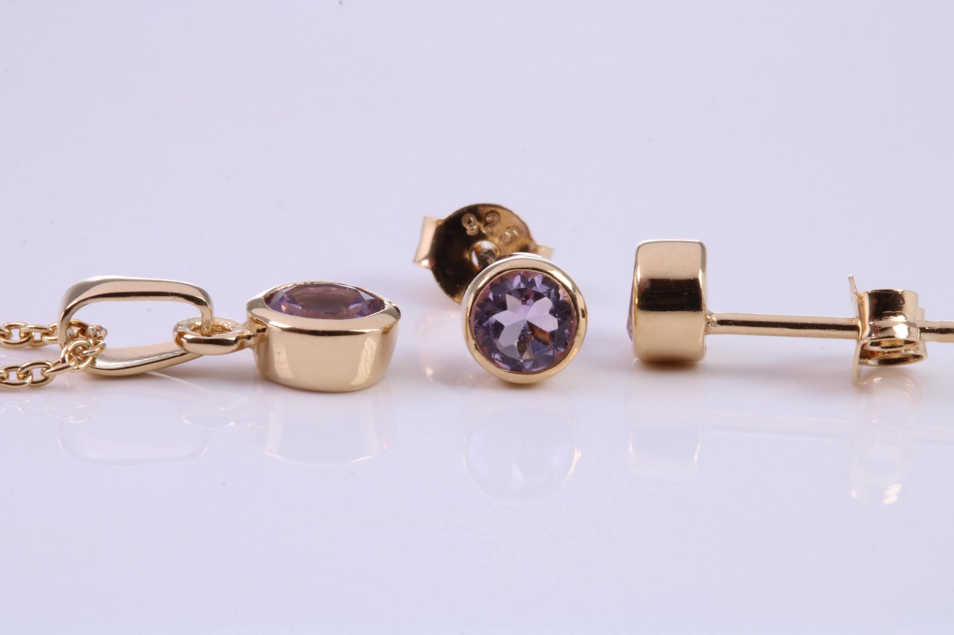 June Light Amethyst C Z set Necklace and Matching Stud Earrings, made from solid Sterling Silver and 18ct Yellow Gold Plated