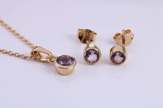 June Light Amethyst C Z set Necklace and Matching Stud Earrings, made from solid Sterling Silver and 18ct Yellow Gold Plated