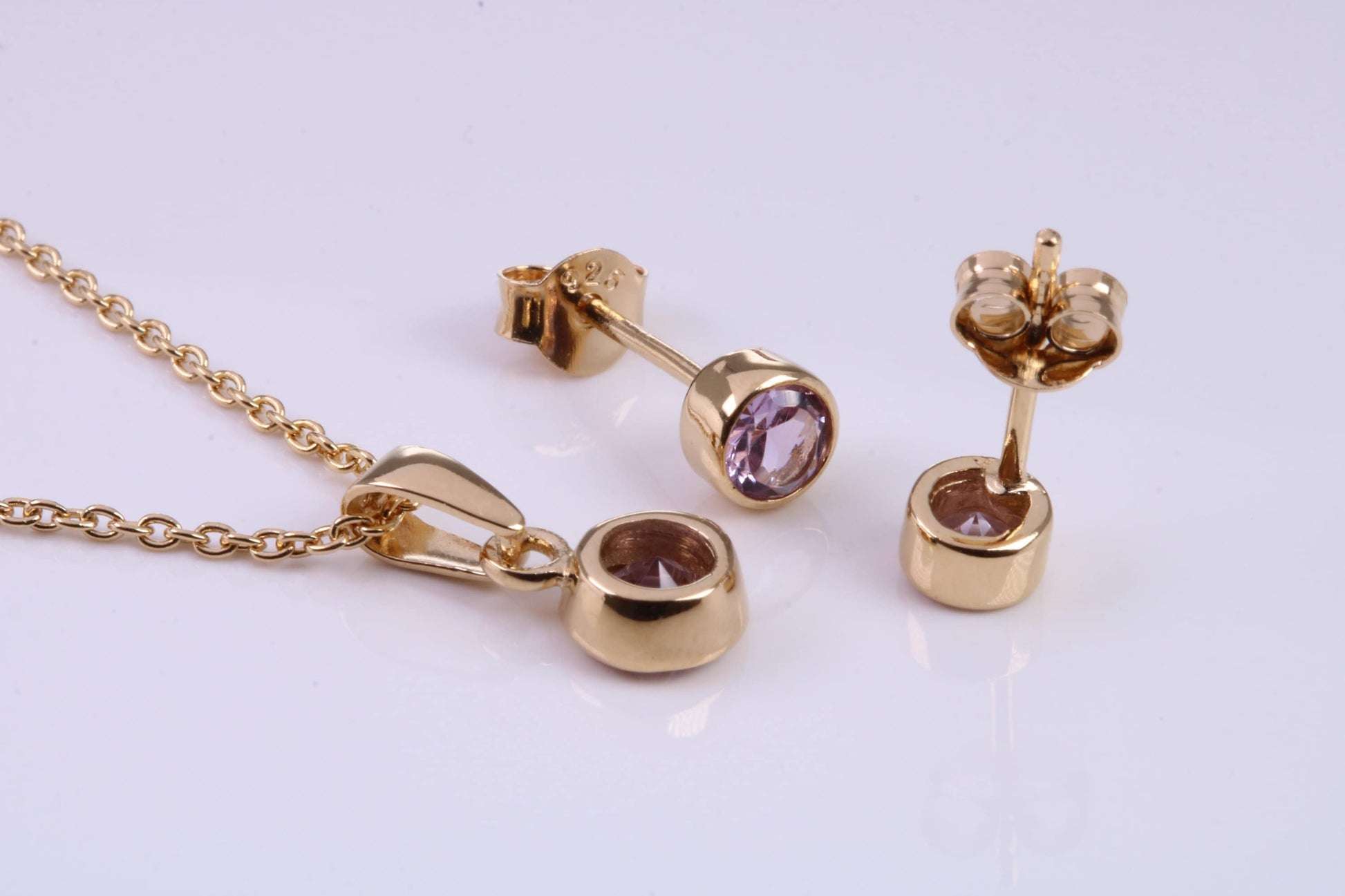 June Light Amethyst C Z set Necklace and Matching Stud Earrings, made from solid Sterling Silver and 18ct Yellow Gold Plated