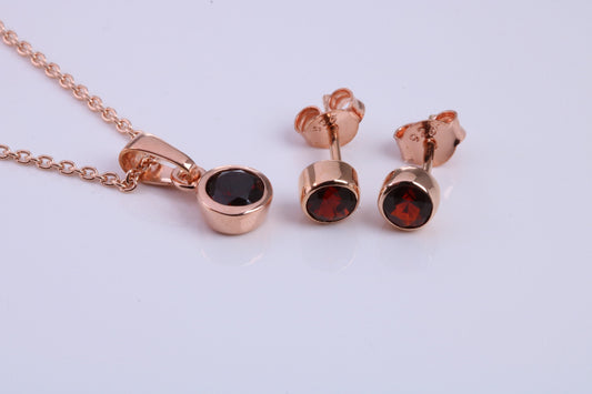 January Garnet C Z set Necklace and Matching Stud Earrings, made from solid Sterling Silver and 18ct Rose Gold Plated