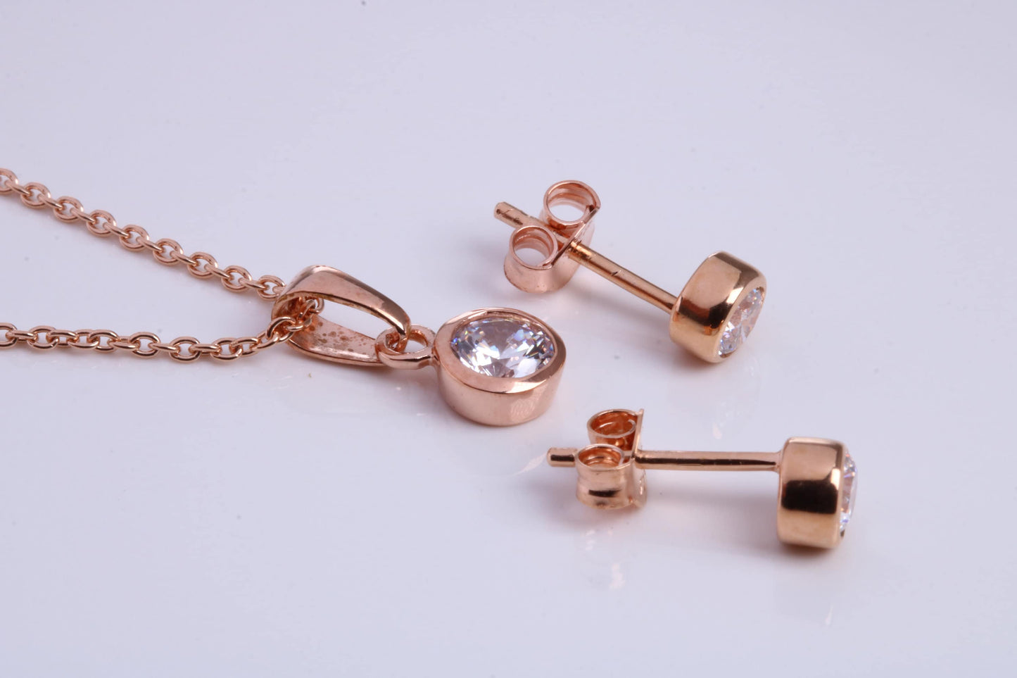 April Diamond C Z set Necklace and Matching Stud Earrings, made from solid Sterling Silver and 18ct Rose Gold Plated