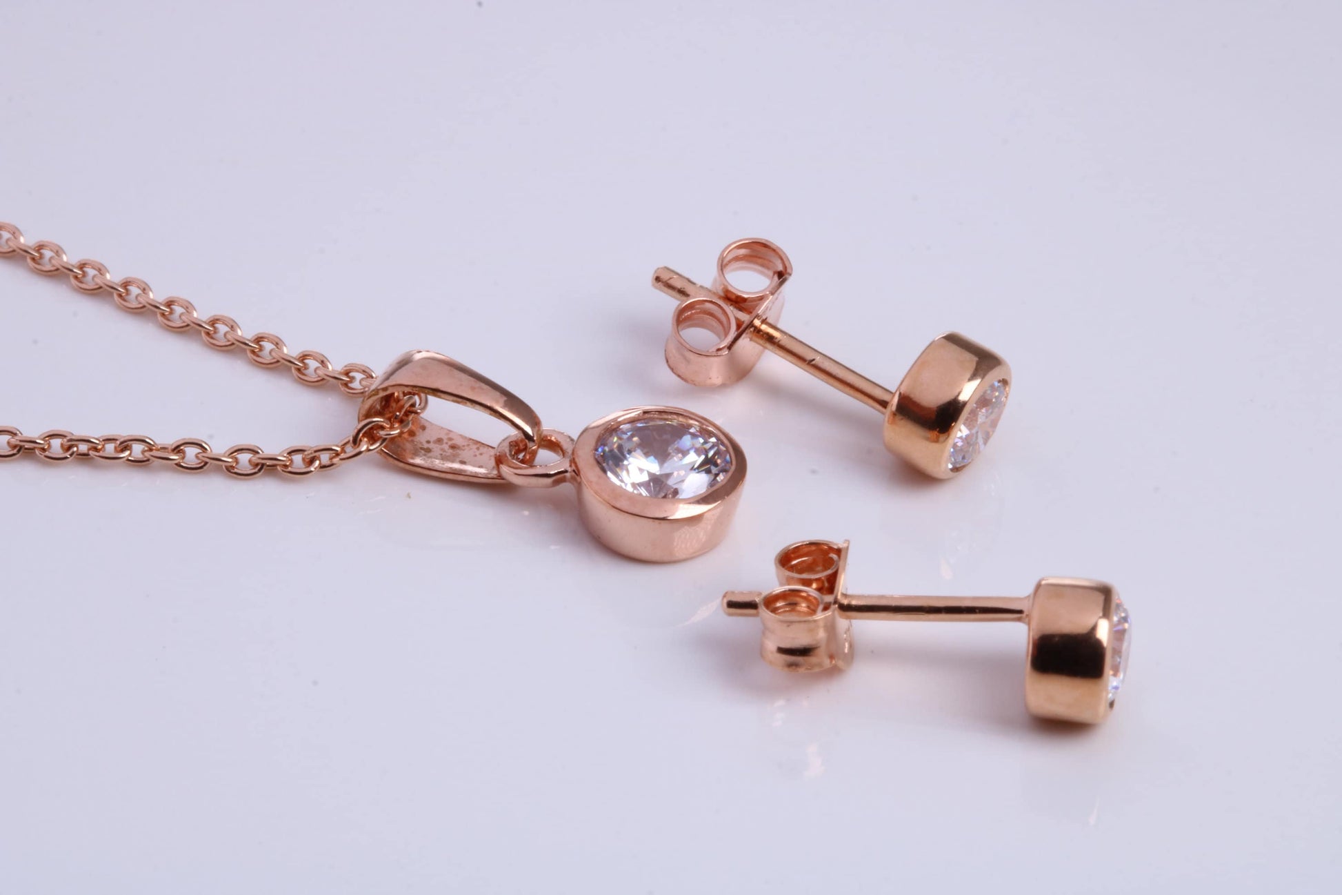 April Diamond C Z set Necklace and Matching Stud Earrings, made from solid Sterling Silver and 18ct Rose Gold Plated