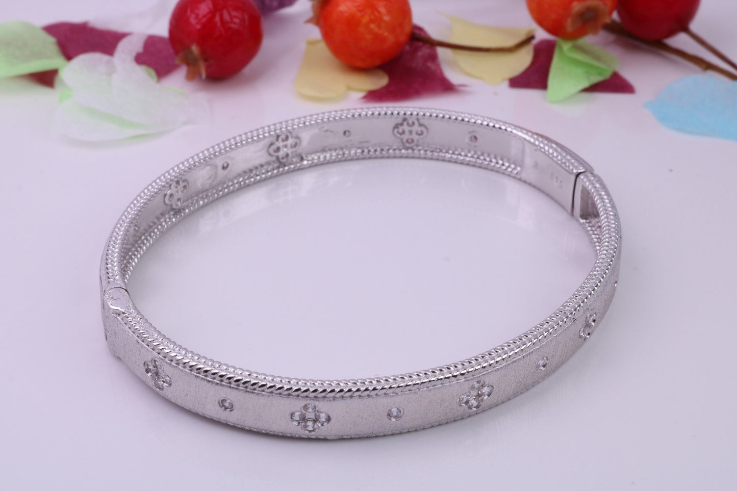 Hinged Bangle set with Diamond White Cubic Zirconia, Made from solid Sterling Silver, Rhodium Plated, Matt Finished